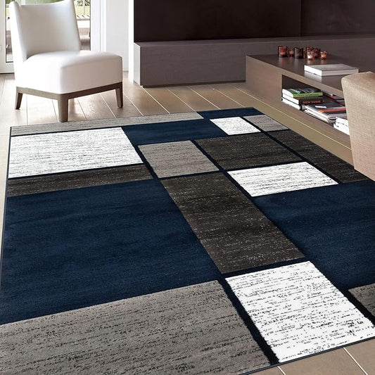 Rugshop Modern Geometric Boxes Navy Area Rug, Non-Shedding Carpet for Living Room, Bedroom, or Dining Room, 5'3" x 7'3"
