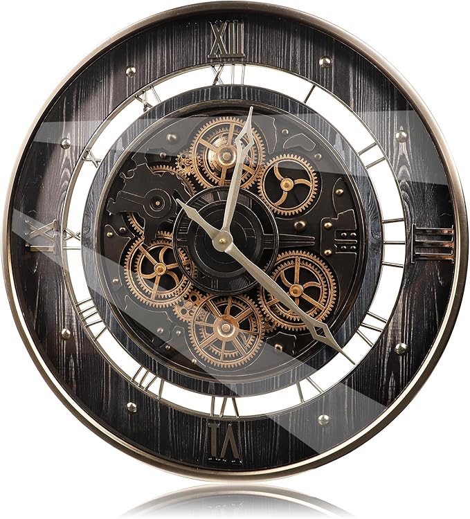 HOIBAI Wall Clock, 24 Inch Moving Gears Clock Large Wall Clock for Living Room Decor Rustic Vintage Industrial Steampunk Farmhouse Big Clock for Home Kitchen Bedroom Office