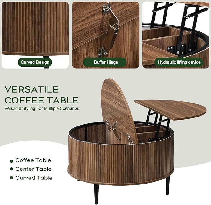 Yechen 31.5" Round Coffee Table with Storage,Fluted Lift Top Center Table, Midcentury Modern Flip-top Curved Table for Living Room,Walnut