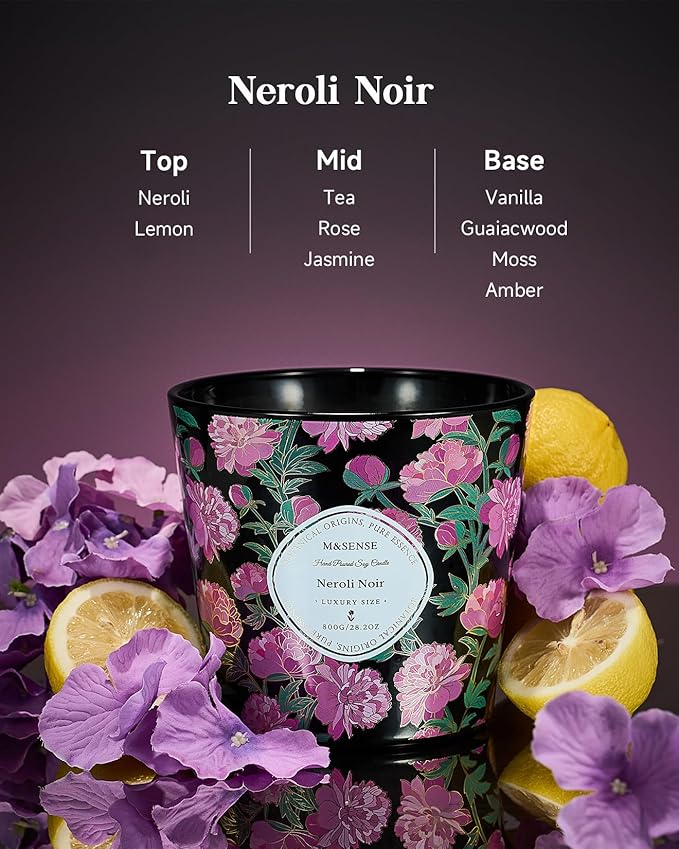 M&SENSE Neroli Noir Scented Candle, 28.2oz 3 Wick Natural Soy Wax Large Candles, Long Lasting Clean Slow Burning No Toxic Décor for Home Relaxation, Romantic Dates & Gift-Giving