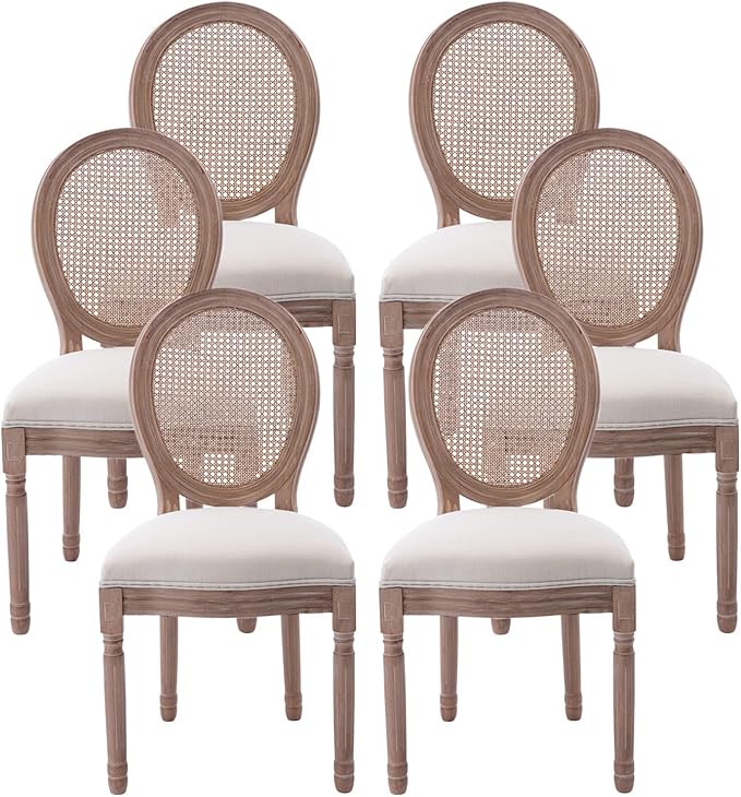Nrizc Farmhouse Fabric Dining Room Chairs Set of 6, French Chairs with Round Back, Rattan Dining Chair, Oval Side Chair for Dining Room/Kitchen/Restaurant
