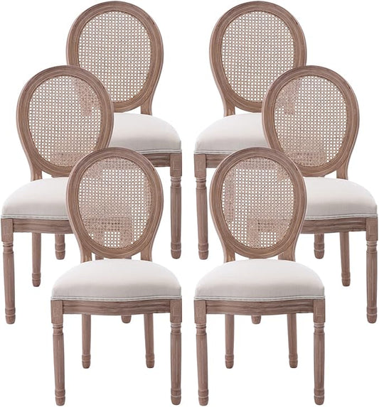 Nrizc Farmhouse Fabric Dining Room Chairs Set of 6, French Chairs with Round Back, Rattan Dining Chair, Oval Side Chair for Dining Room/Kitchen/Restaurant