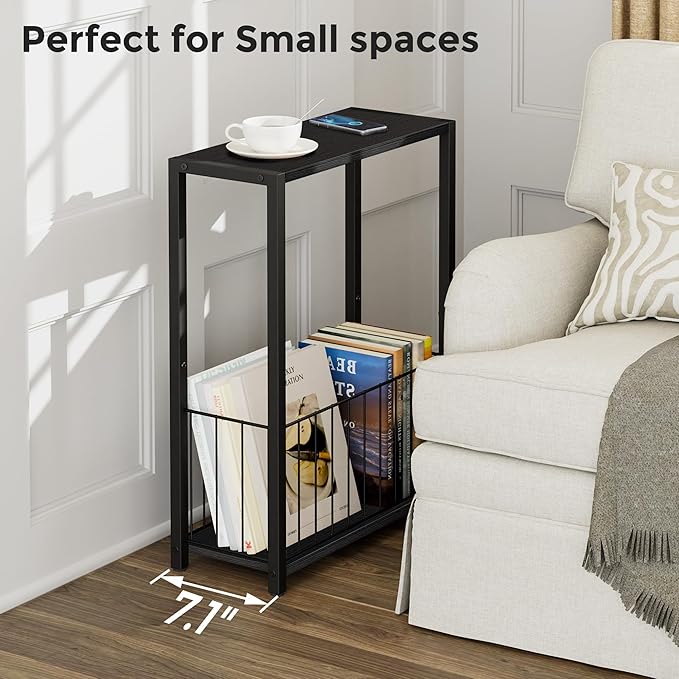 Narrow Side Tables Set of 2 with Magazine Holder, Skinny End Tables Perfect for Small Spaces, Space-Saving Design for Living Room, Bedroom, or Office, 7.1" D x 16.9" W x 23.6" H, Black