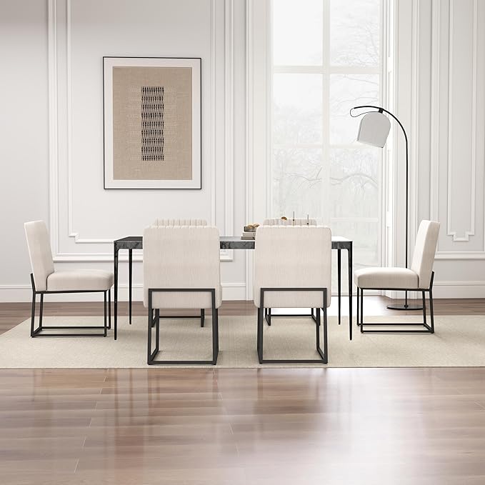 VKNOW Upholstered Dining Chairs Set of 6, Modern Dining Room Chairs with Stripe, Linen Kitchen Chair Dinner Chair with Black Metal Base for Kitchen Office, Beige