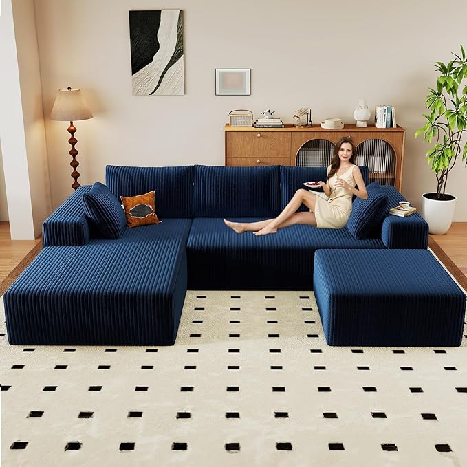 96" U-Shape Cloud Couch, Modern Modular Sectional L-Shape Sofa with Ottoman, Corduroy Upholstered Couches Deep Seat Sleeper Chaise Longue for Living Room, No Assembly Required(Blue, Left Facing)