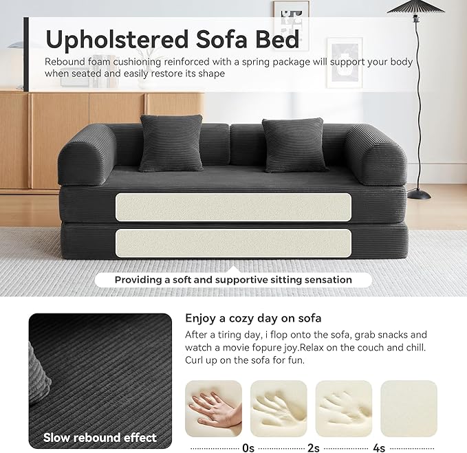 Convertible Sleeper Sofa Bed with Cylindrical Pillow, Comfy Foldable Sofa Bed Compressed Sofa in Box, Floor Sofa Lounge Couch for Living Room Bedroom Lounge Studio, Tool-Free Assembly (Black)