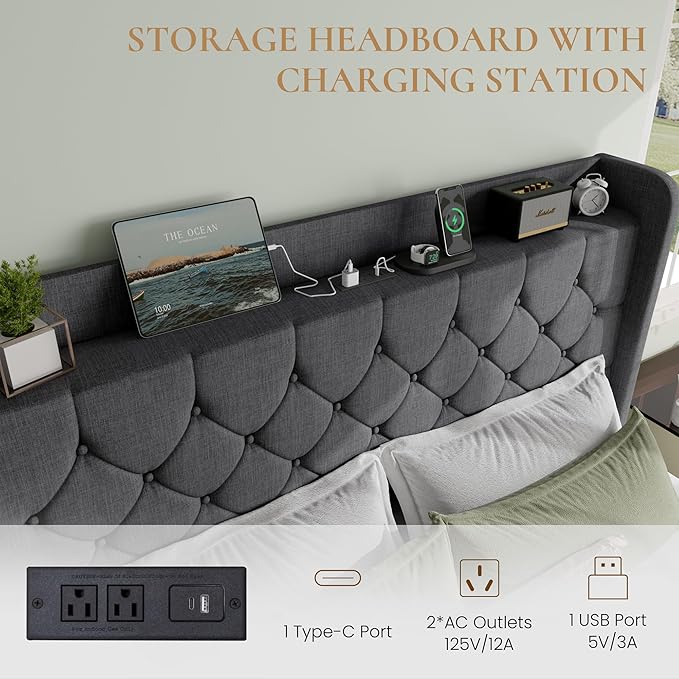 SHA CERLIN Queen Platform Bed Frame with Charging Station, Velvet Wingback Headboard with Storage Shelf, Wooden Slats Support, Ample Under-Bed Space, No Box Spring Needed, Easy Assembly, Dark Grey
