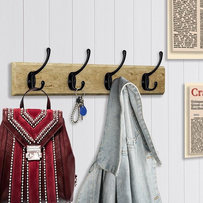 IBosins 10 Pack Heavy Duty Dual Coat Hooks Wall Mounted with 40 Screws Retro Double Hooks Utility Black No Rust Hooks for Coat, Scarf, Bag, Towel, Key, Cap, Cup, Hat (Black)