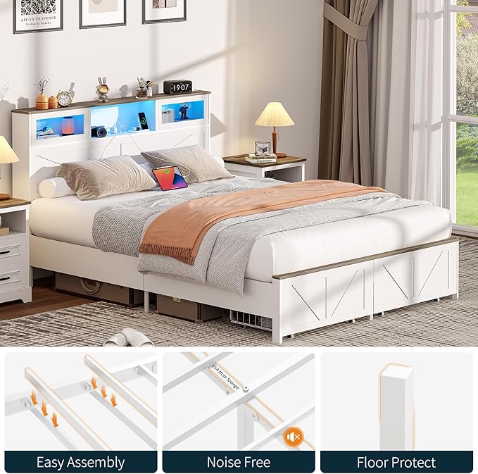 Yoobure Farmhouse Queen Bed Frame with Headboard - Bed Frame Queen Size with Charging Station & LED Lights, Wood Bedframe Queen-Size with 2 Storage Drawer, Platform Beds, No Box Spring Needed, White