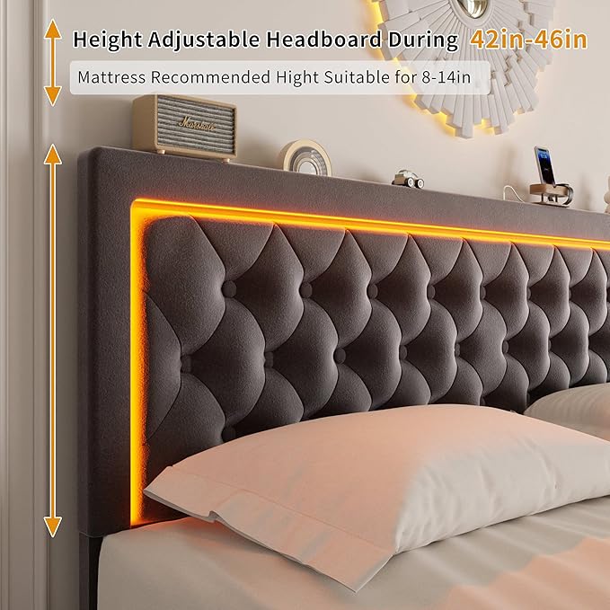 Full Bed Frame with 4 Storage Drawers, Velvet Upholstered Bed Frame Full Size with Charging Station and LED Lights, 46" Adjustable Button Tufted Headboard, No Box Spring Needed, Grey