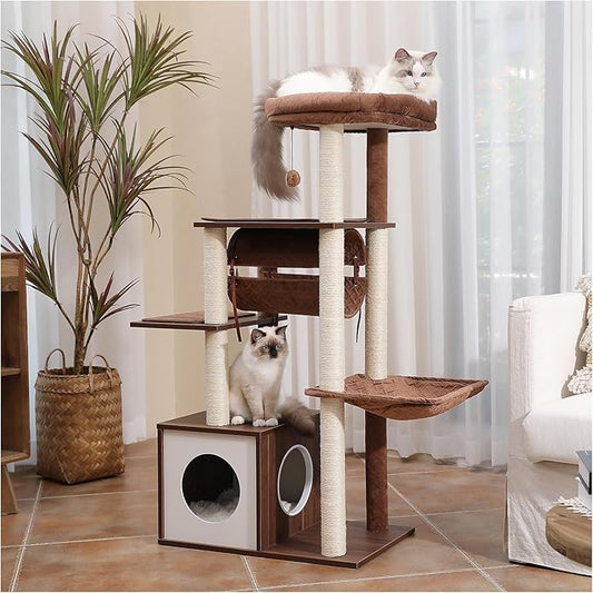 52" Modern Cat Tree for Large Cats, Wooden Cat Tower with Fully Sisal Covered Scratching Posts, Luxury Cat Furniture with Spacious Perch, Super Large Hammock, Cozy Condo and Swing Tunnel Brown