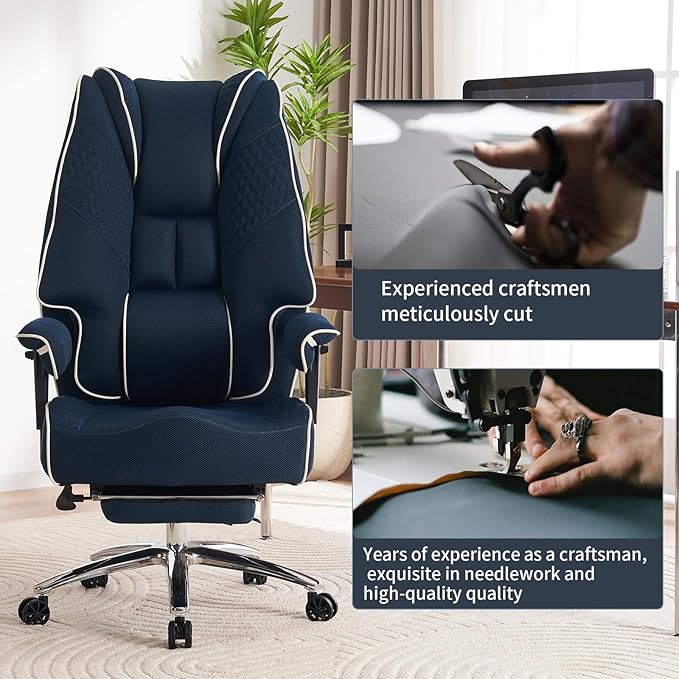 Big and Tall Office Chair 400lbs Wide Seat, Leather High Back Executive Office Chair with Lumbar Support, Ergonomic Chairs Padded Armrests & Thick Cushion (Mesh Blue)
