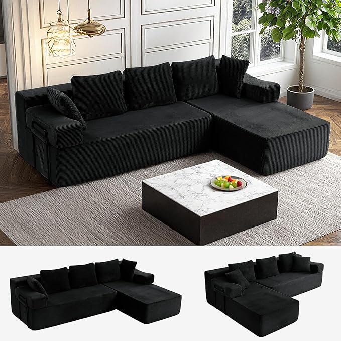 105" L-Shaped Modular Sectional Sofa with L-Shaped Boneless Couch, Cloud Couches for Living Room with Removable Arms, Convert Left/Right Facing, Plush Corduroy, No Assembly, Black
