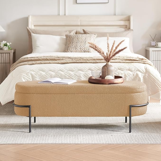 Sherpa Storage Ottoman Bench for Bedroom, Beige End of Bed Bench with Storage, Upholstered Boucle Storage Bench with Metal Stand and Hinges, Oval Ottoman for Living Room, 45 Inch