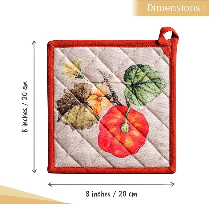 Maison d' Hermine Pot Holders Set 100% Cotton Heat Resistant Potholders 8" x 8" Hot Pads with Loop for Thanksgiving Christmas Decorations BBQ Cooking Baking Handling Hot Pans (Pack of 2, Potiron)