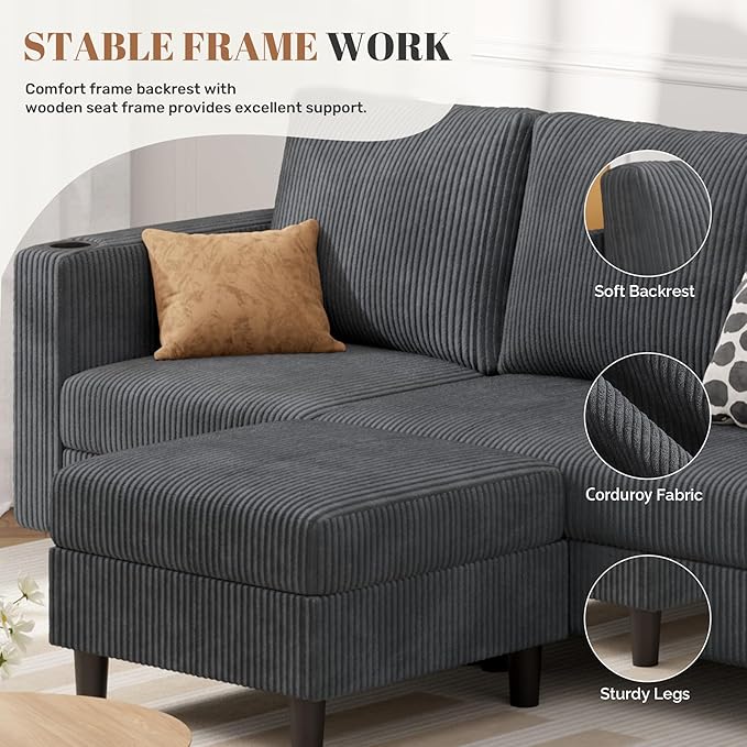 Upholstered Sectional Sofa and Couches, 78'' L Shaped 3-seat Sofa for Living Room, Apartment, Lounge,Bedroom-Washable Covers Convertible Sofas(Corduroy, Dark Gary)