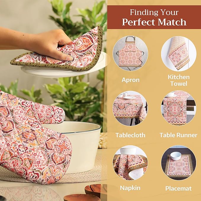 Maison d' Hermine Pot Holders Set 100% Cotton Heat Resistant Potholders 8" x 8" Hot Pads with Loop for Thanksgiving Christmas Decorations BBQ Cooking Baking Handling Hot Pans (Pack of 2, Damask)