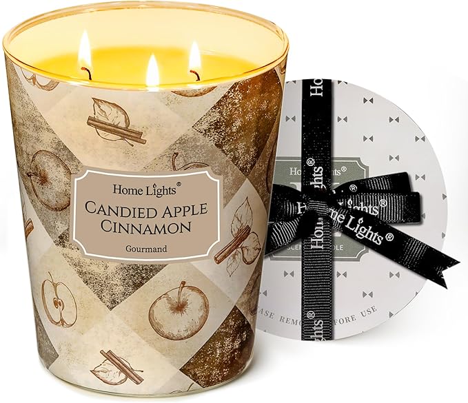 HomeLights 3-Wick Candles for Home Scented - 34oz Soy Wax Blend Candle Long-Lasting Fragrance, Rustic Modern Home Decor and Housewarming Gifts, Candied Apple Cinnamon
