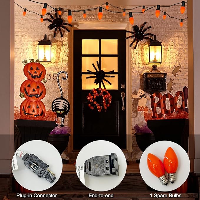 SUNSGNE C7 Halloween Orange String Lights 25FT Outdoor String Lights with 27 5W Orange Glass Bulbs(2 Spare) for Patio Garden Roofline Backyard Decorations, Black Wire