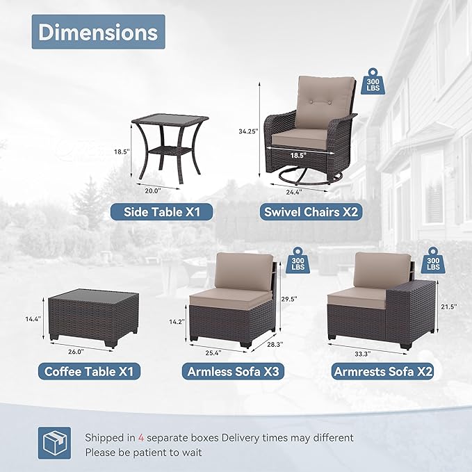 Kurapika 9 Pieces Patio Furniture Set, Rattan Sofa Set, Outdoor Conversation Sets w/Swivel Rocking Chairs Patio Sectional Sofa w/4 Inch Cushion, Sand
