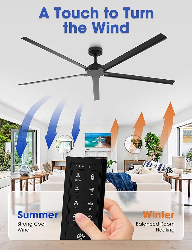 Ceiling Fans Outdoor Waterproof, 72 Inch Black Industrial Ceiling Fans without Lights, Large Ceiling Fan No Light with 5 Aluminum Blade, Reverse DC Motor, Outdoor Fans for Patio Shop Garage LivingRoom