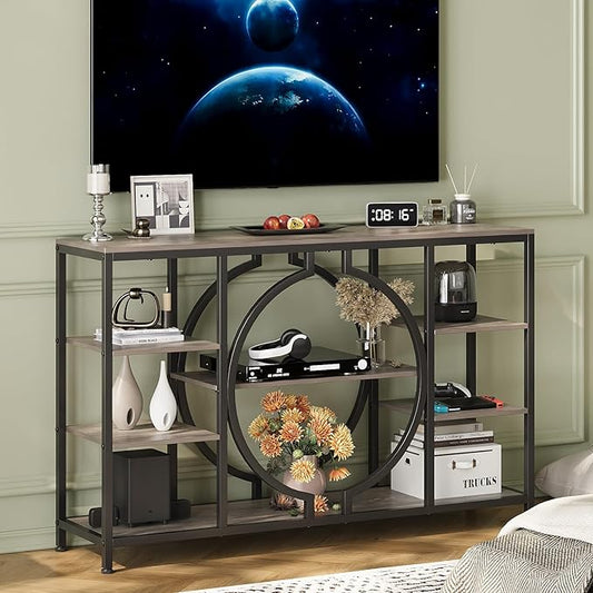 GiftGo 47" Industrial Console Tables for Entryway Rustic Sofa Table Behind Couch 4 Tier Wooden Shelves Entry Table with Storage for Foyer, Hallway, Front Door,Living Room (Retro Grey, 47")