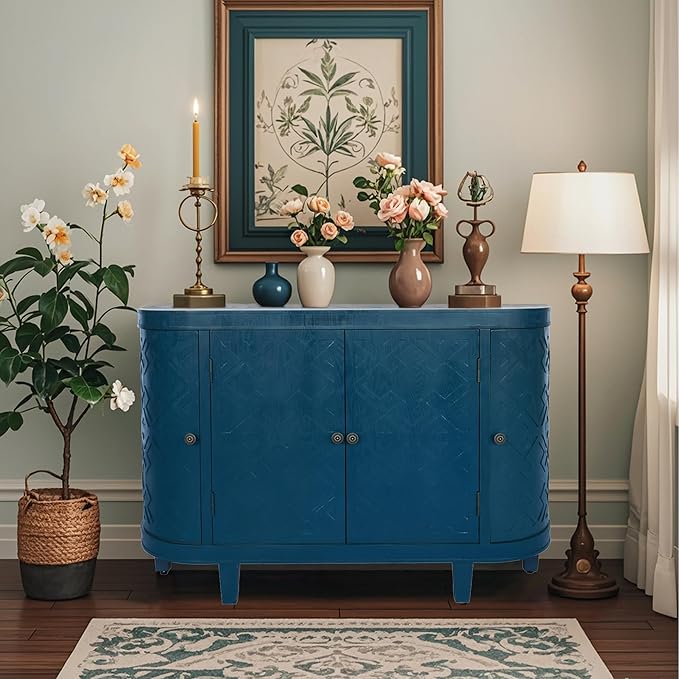 KEIKI 47'' Modern 4-Doors Buffet Sideboard with Storage,Wood Fluted Accent Cabinet with Curvy Edge, Oval Freestanding Credenza Entryway Console Table for Living Room, Hallway, Dining Room,Kitchen,Blue