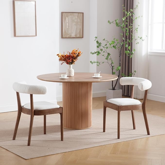 Kmax Dining Room Chairs Mid-Century Modern Sherpa Kitchen Chairs with Natural Walnut Finished Frame, Fur Curved Back, Set of 6, White