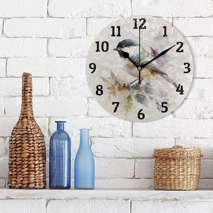 Watercolor Bird Wall Clock Silent Non Ticking Wall Clock Decorative Battery Operated Wall Clocks 10 Inch for Home Kitchen Bedroom Living Room Office