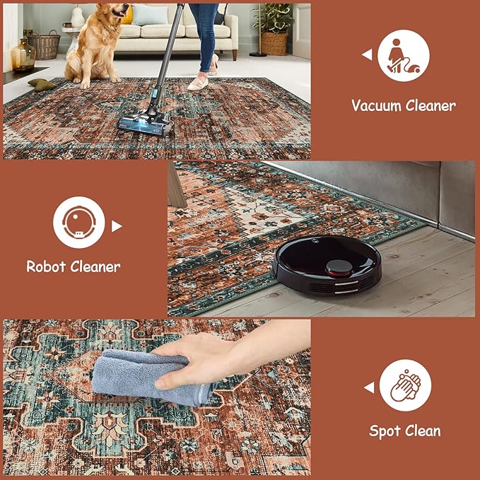 Moynesa Ultra-Thin Vintage Area Rug - 6x9 Washable Bedroom Rug Large Living Room Rug Non-Slip Dining Room Mat, Oriental Printed Low Pile Nursery Carpet for Office Kitchen Entryway, Brick Red/Dull Teal