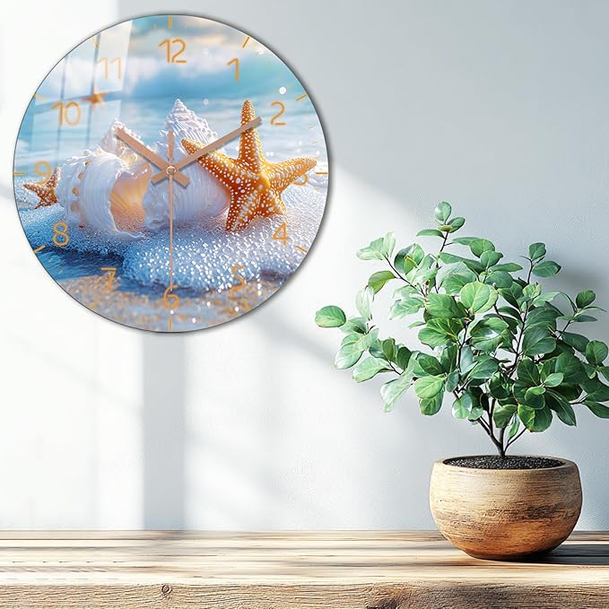 Oversized Beach Wall-Clock 24 inch Blue Round Silent Clocks Battery Operated Wooden Coast Wall Clock for Kitchen, Office, Living Room Wall Decor