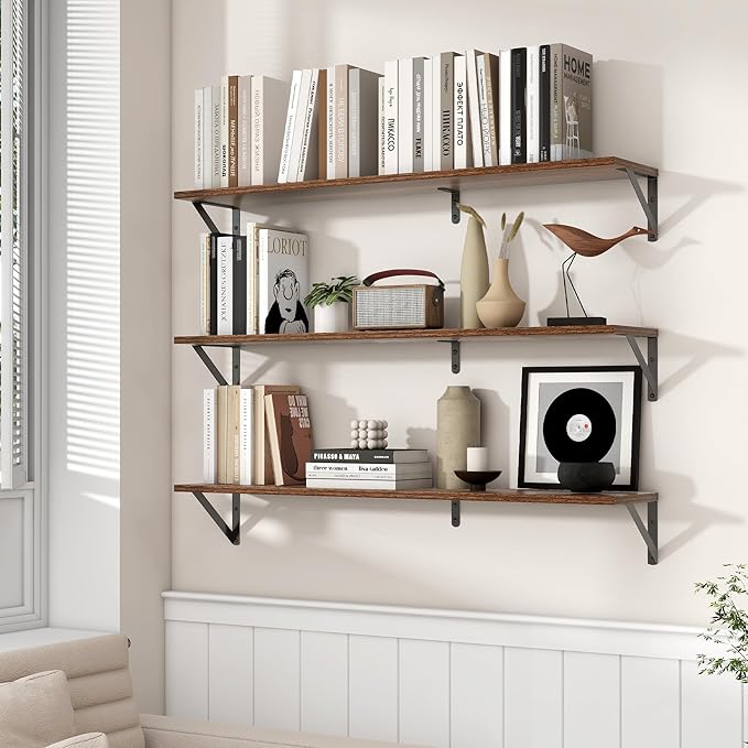 Axeman 40 Inch Floating Shelves | 8 Inch Deep Walnut Wall Shelves Set of 2 | 39.4W x 8D Rustic Wood Shelves for Bookshelf Living Room Bedroom Home Office Bathroom