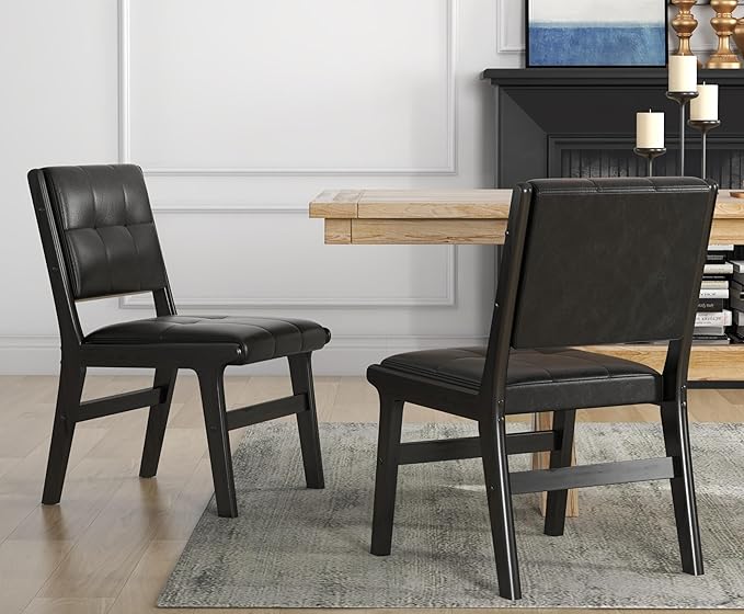 KCC Modern PU Leather Dining Chairs Set of 4, Upholstered Kitchen Chairs with Solid Wood Legs and Comfortable Seat for Dining Room/Lounge/Bedroom(Black)