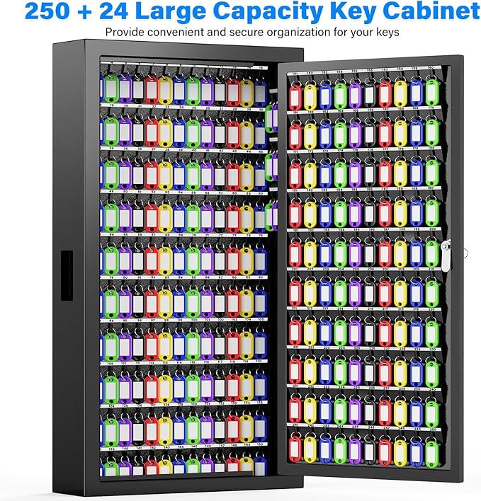 250 Keys Key Lock Box Wall Mount with Additional 24 Side Hooks and Key Tags, Anti-Theft Key Box Key Cabinet with Side Drop Slot, Key Organizer Key Safe for Home Office Garage Rental Business