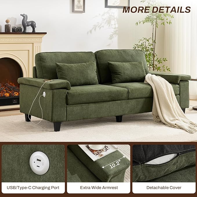 3 Seater Couch for Living Room, 79'' Comfy Deep Seat Sofa with Adjustable Armrests & USB/Type-C Charging Ports, Mid Century Modern Couch for Bedroom, Home Office, Green