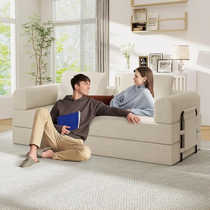 Antetek Convertible Sofa Bed, Comfy Corduroy Fluffy Love seat Sleeper Sofa, 5 in 1 Folding Couch Bed, Fold Out Floor Couch with Pillows for Bedroom, Living Room, Office, Pinstripe, Beige