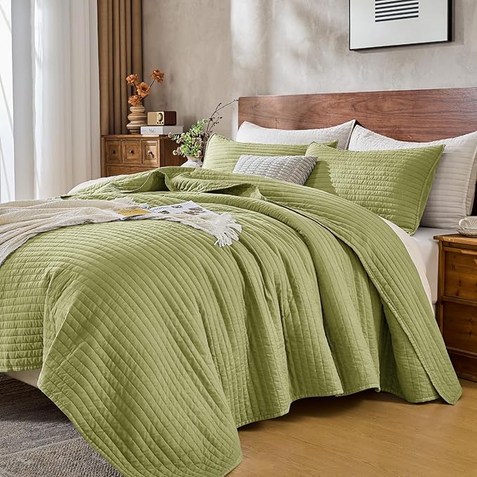DOWN HOME Queen Quilt Bedding Set with Shams, Vintage Washed Soft Quilted Blanket Thin Comforter Lightweight Bedspread Coverlet Bed Cover, Brushed Microfiber Stripe Stitching, Golden Olive, 86"x90"
