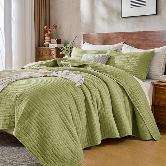 DOWN HOME Queen Quilt Bedding Set with Shams, Vintage Washed Soft Quilted Blanket Thin Comforter Lightweight Bedspread Coverlet Bed Cover, Brushed Microfiber Stripe Stitching, Golden Olive, 86"x90"