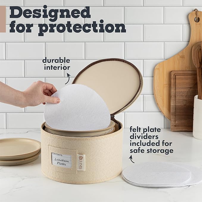 Hard Shell China Storage Containers 5-Piece Set Moving Boxes for Dinnerware, Glasses, Plates, Mugs and Saucers Sturdy Dish Organizer with Dividers for Seasonal Storage - Service for 12 - Beige