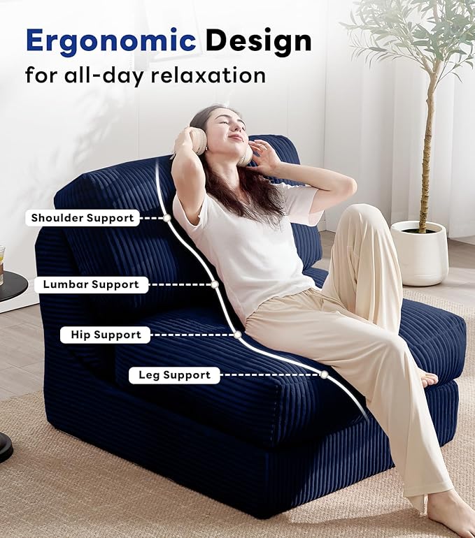 Tbfit Folding Sofa Bed, Convertible Sleeper Chair with Large Pillow, Corduroy Folding Couch Bed, Portable & Foldable Mattress Boneless Floor Sofa for Living Room, Bedroom, Office, Blue, Single