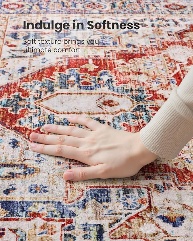 AMADA HOMEFURNISHING 8x10 Washable Area Rug, Low-Profile Large Area Rug with Non-Slip Backing & Durable Edge Binding, Vintage Large Rugs for Living Room, Bedroom, Dinning Room
