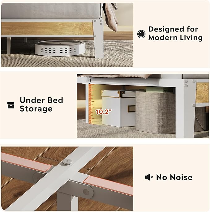 WLIVE Full Size Upholstered Bed Frame with 2 Side Shelves, Linen Tufted Storage Headboard with Charging Ports and LED Light, Metal Solid and Stable, No Box Spring Needed, Easy Assembly, Beige