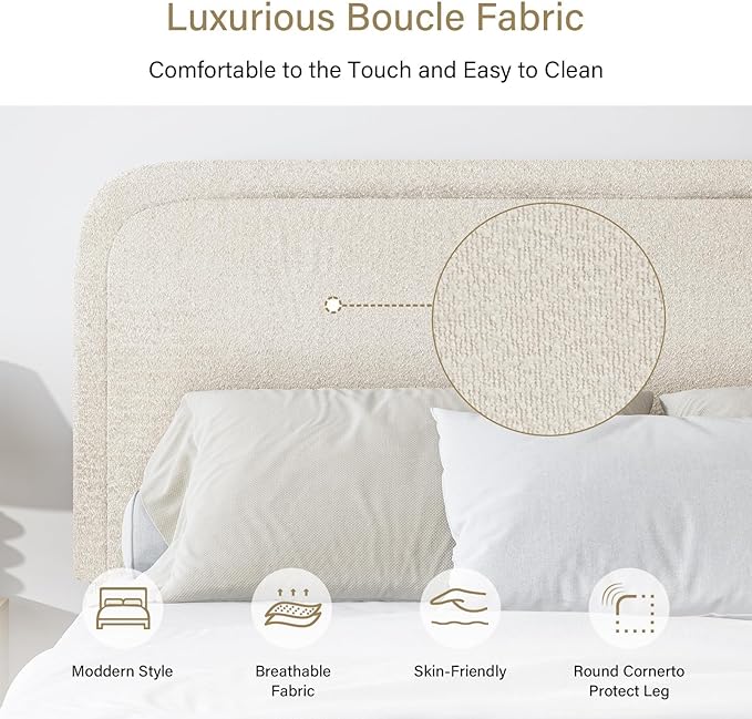 BarnFurin Queen Bed Frame with Headboard, Cloud Boucle Upholstered Platform Bed with Wood Slats, Soft Rounded Corners, No Box Spring Required, Easy Assembly, Cream