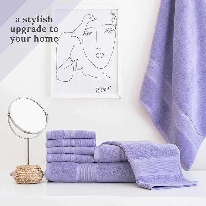 Luzia 8 Piece Bathroom Towel Set - 100% Turkish Cotton, Premium Quality - 2 Bath Towels 2 Hand Towels and 4 Washcloths (Lavender/Purple)