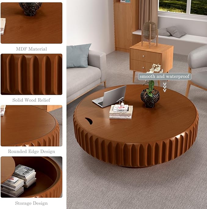 Round Coffee Tables with Storage Fluted Drum Coffee Table with Solid Wood Relief, Modern Circle Wooden Coffee Tables Brown Center Table Accent Tea Table for Living Room Apartment (Round 39.37'')