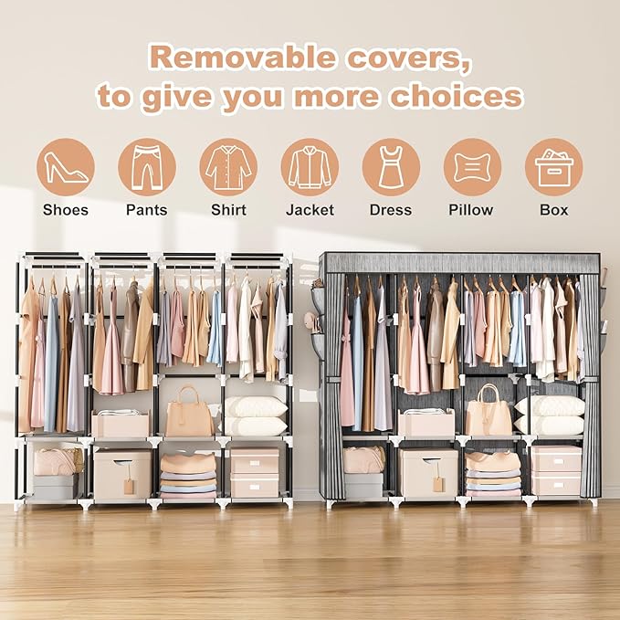 VTRIN Portable Closet for Hanging Clothes 67 Inch Wide Large Capacity Portable Wardrobe Closet with Cover, 4 Storage Shelves and 4 Hanging Rod Sturdy Free Standing Closet for Bedroom, Printing