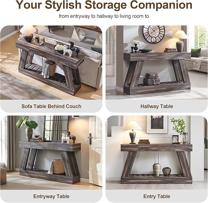60" Farmhouse Entryway Table with Drawer, Entry Table with Storage, Sofa Table for Living Room, Behind Couch, Sofa(Dark Rustic Oak)