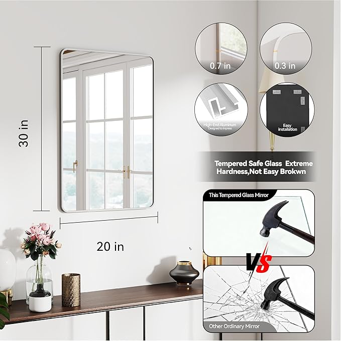 20x30 Rectangle Mirror Full Length Wall Mounted Hanging or Against Wall Metal Frame Dressing Make-up Mirrors for Entryway Bedroom Bathroom Living Room 20 30 inch Silver