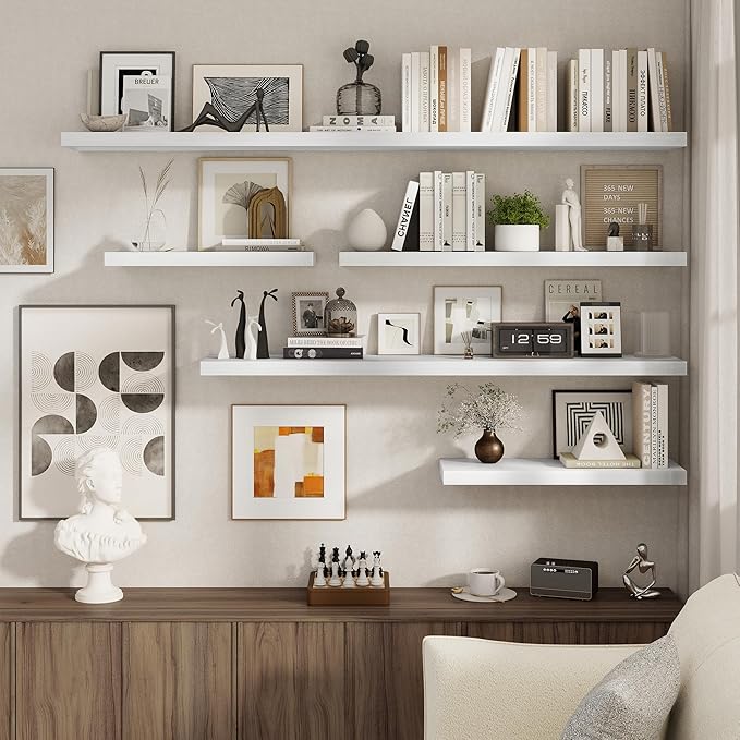 White Floating Shelves for Wall, 27.5 Inch Bathroom Shelves Set of 2, Rustic Wood Wall Shelf with Invisible Brackets for Books|Storage|Decor, 8 Inch Deep Floating Shelf for Bedroom|Kitchen