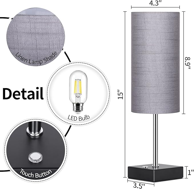 AVV Cordless Table Lamp with Dimmable, Rechargeable 3 Modes Battery Powered Bedside Lamp, Battery Operated Lamps for Night Stand, Touch Lamp for Bedroom, Living Room, Reading Room, 15 Inch Grey